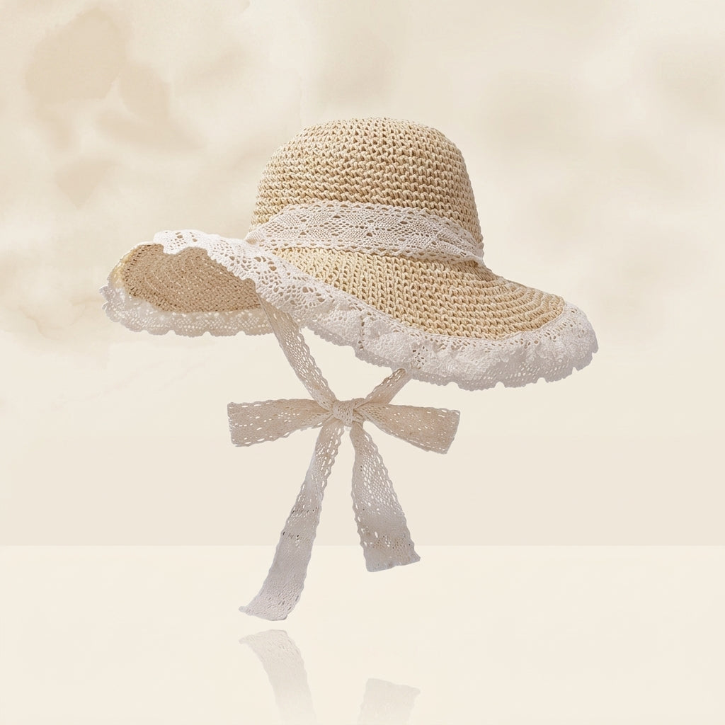 Elegant Lace Straw Hat for Women | Wide Brim Sun Hat | Foldable Summer Beach Hat | Lightweight Breathable Vacation Hat | Casual UV Protection Hat