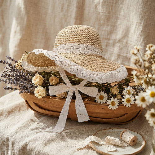 Elegant Lace Straw Hat for Women | Wide Brim Sun Hat | Foldable Summer Beach Hat | Lightweight Breathable Vacation Hat | Casual UV Protection Hat